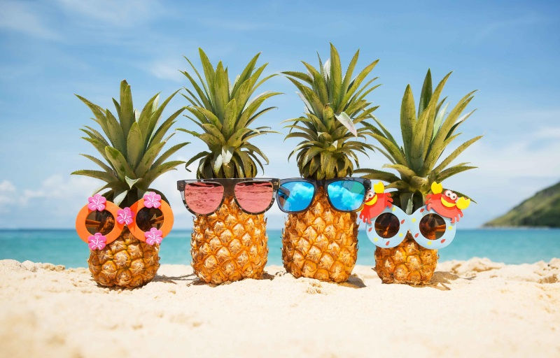 Piñas en la playa con lentes de sol en Margarita, Venezuela - Estilo tropical y caribeño - Protege tus ojos de los rayos UV del sol con nuestros lentes de sol en Venezuela - SOLOVISIÓN
